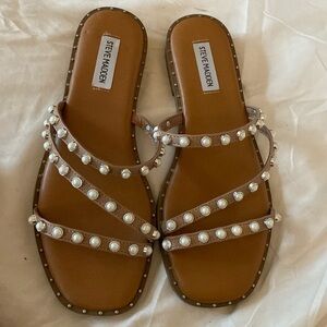 Steve Madden Tan Pearl-Embellished Strappy Sandals